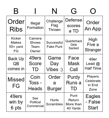 49ers VS Eagles Bingo Card