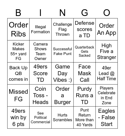49ers VS Eagles Bingo Card