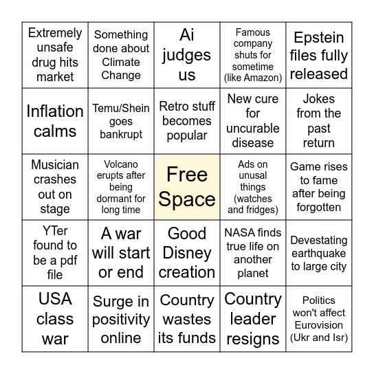 2026 Predictions Bingo Card