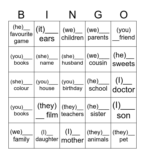 posessive pronouns Bingo Card