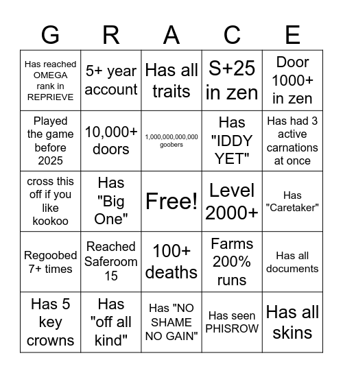 grace Bingo Card
