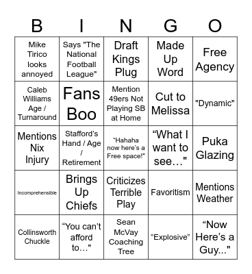 Sunday Night Football Bingo Card