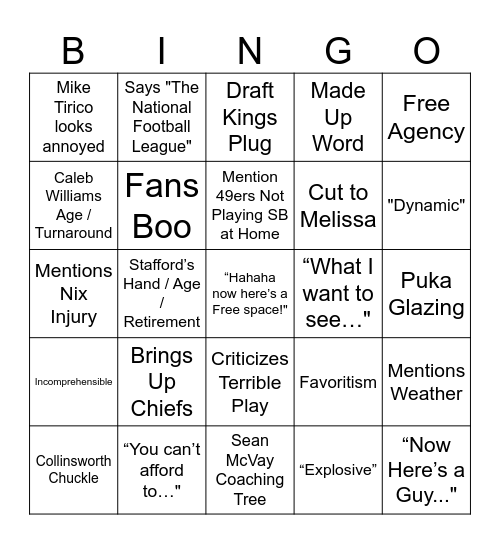 Sunday Night Football Bingo Card