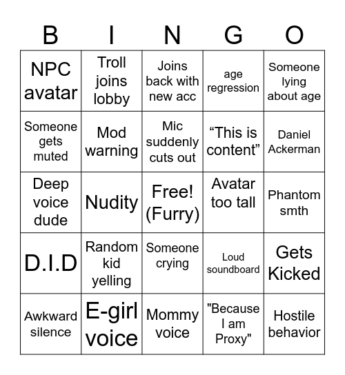 Proxy video Bingo Card