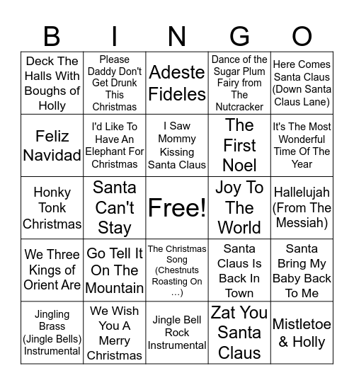 Christmas Songs Bingo Card