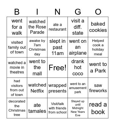 Find Someone -Who Winter Break Edition Bingo Card