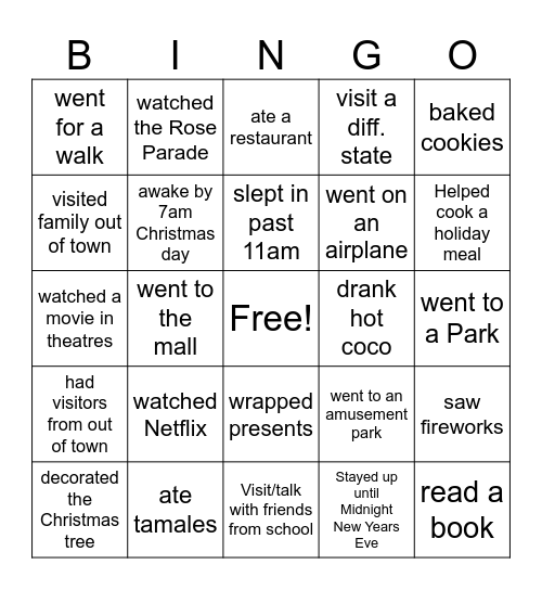 Find Someone -Who Winter Break Edition Bingo Card