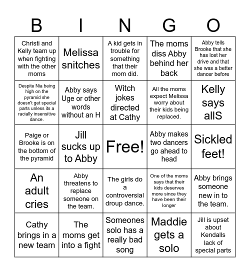 Dance Moms Bingo Card