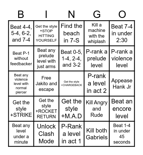 Ultrakill Lockout Bingo Card