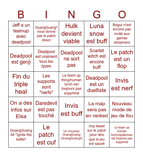 Bingo de la mise à jour de Rivals saison 6 avec deadpool la map Bingo Card