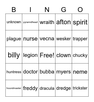 DBD killer bingo Card