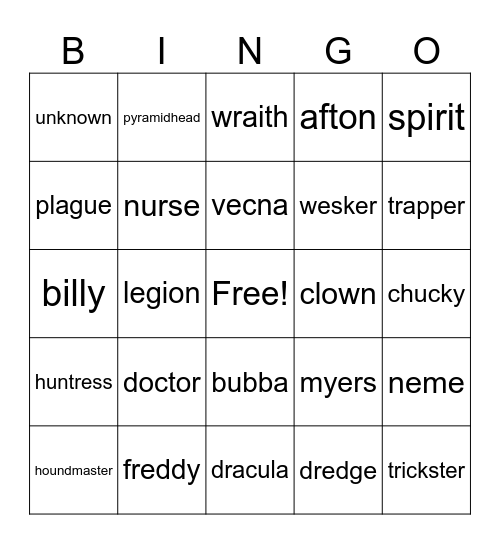 DBD killer bingo Card
