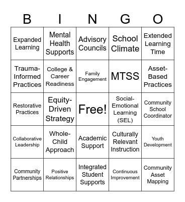 PEA Community Schools BINGO Card