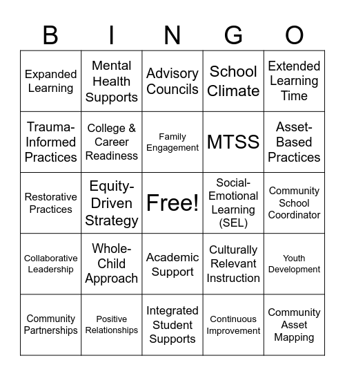 PEA Community Schools BINGO Card
