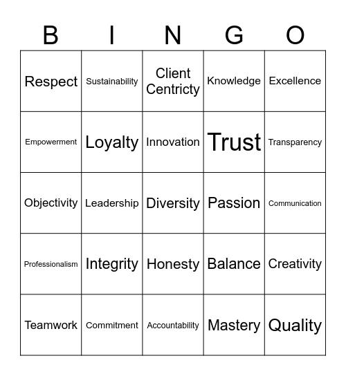 Witthoft Engineering Values Bingo Card