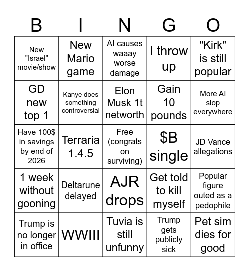 2026 bingo card (my version) Bingo Card
