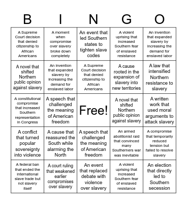 Civil War Causes Bingo Card