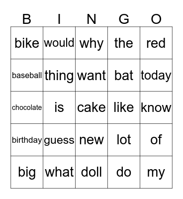 Things I want Bingo Card