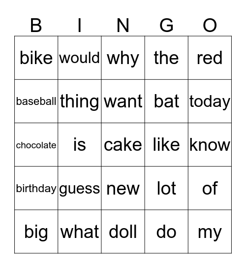 Things I want Bingo Card