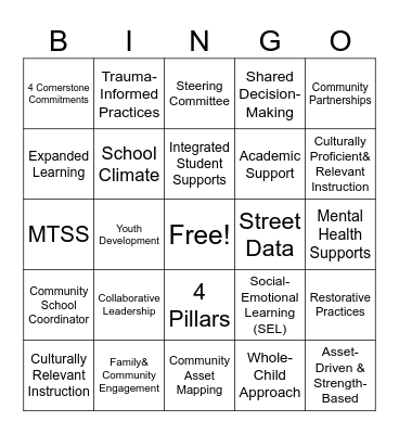 PEA Community Schools BINGO Card