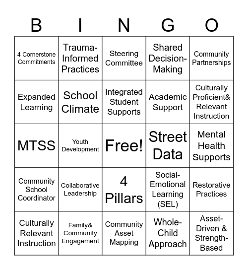 PEA Community Schools BINGO Card