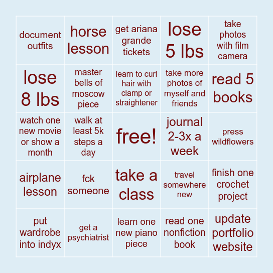 2026 goals Bingo Card