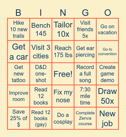 Arch's New Years Resolution Bingo Card