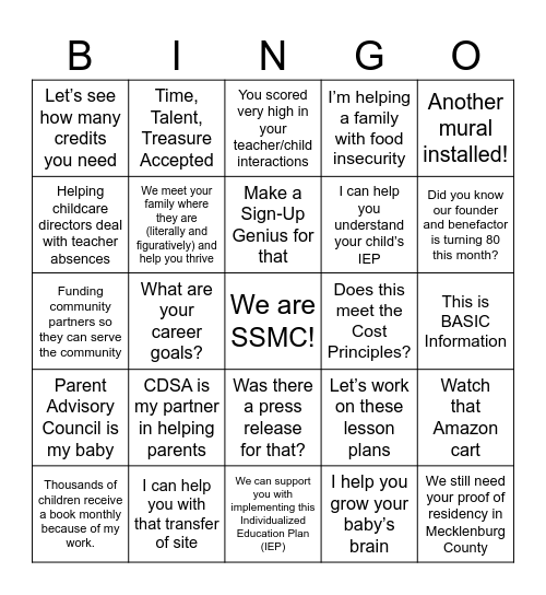 SSMC Information Fair Bingo Card