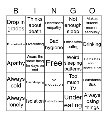 Depression BINGO!! Bingo Card