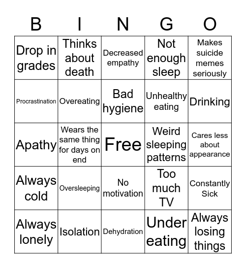 Depression BINGO!! Bingo Card