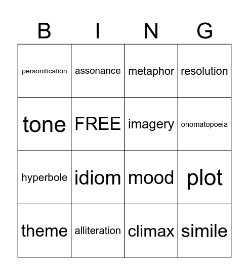 Figurative Language & More Bingo Card