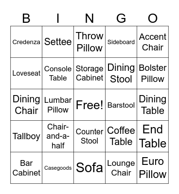 Furniture Term Bingo Card
