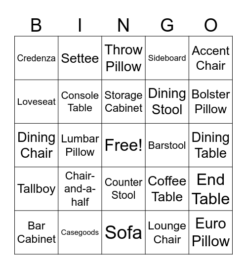 Furniture Term Bingo Card