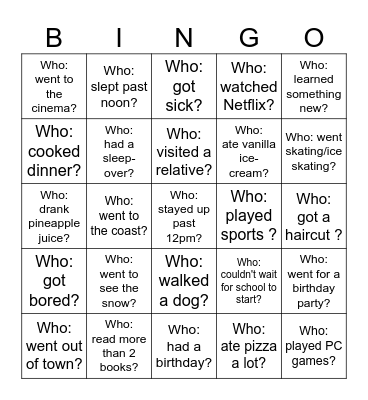 Back-to-School Bingo - What did you do over the holiday? Bingo Card