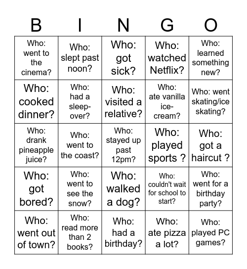 Back-to-School Bingo - What did you do over the holiday? Bingo Card