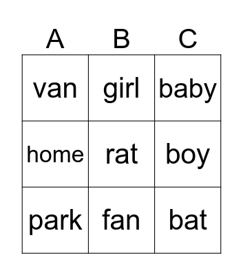 Noun Bingo Card