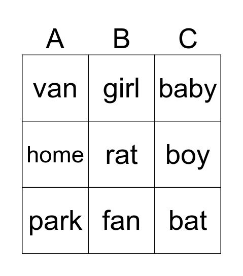 Noun Bingo Card