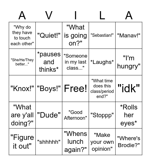 Class Bingo Card