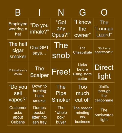 Cigar Shop Bingo Card
