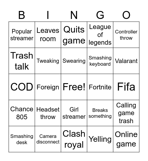 GAMER RAGE BINGO Card
