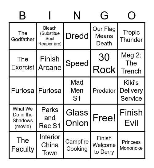 Couple's Bingo: Stuff to Watch Bingo Card