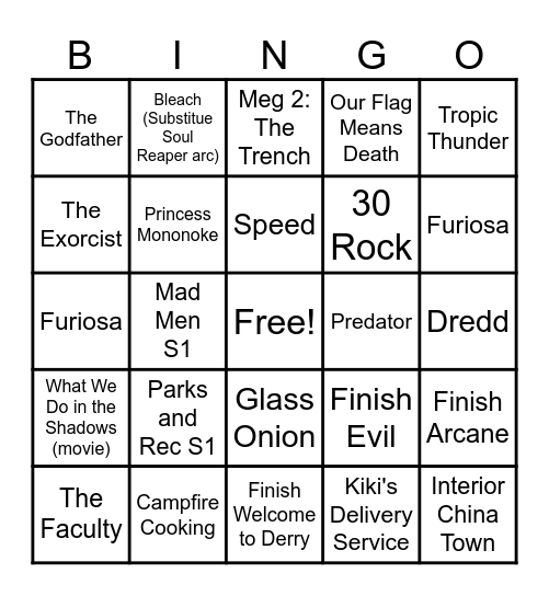 Couple's Bingo: Stuff to Watch Bingo Card