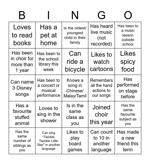 Choir CCA - Getting To Know You Bingo Card