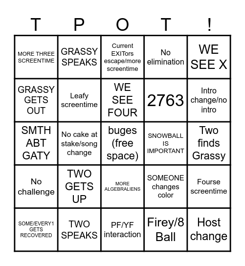 TPOT 21 BINGO Card