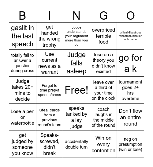 Debate tournament bingo Card