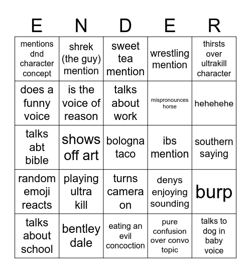 ender Bingo Card