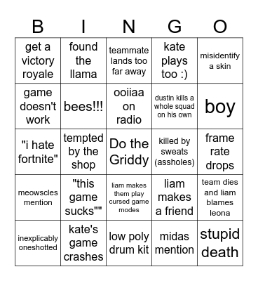 liam and dustin playing fortnite Bingo Card
