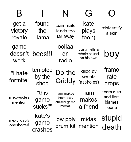 liam and dustin playing fortnite Bingo Card