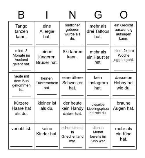 Finde jemanden, der... Bingo Card
