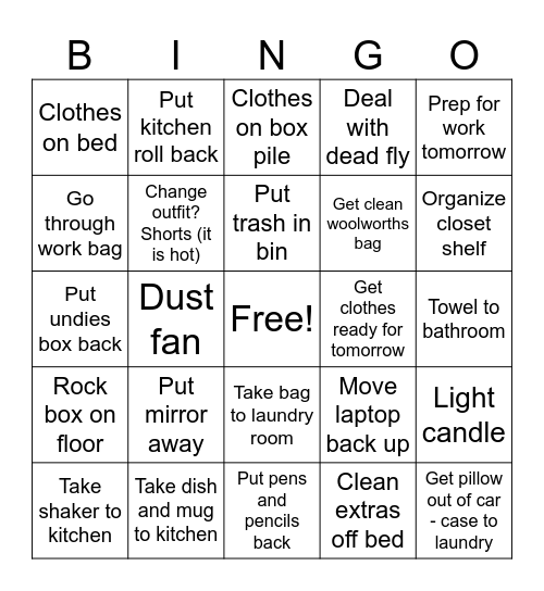 Room clean Bingo Card